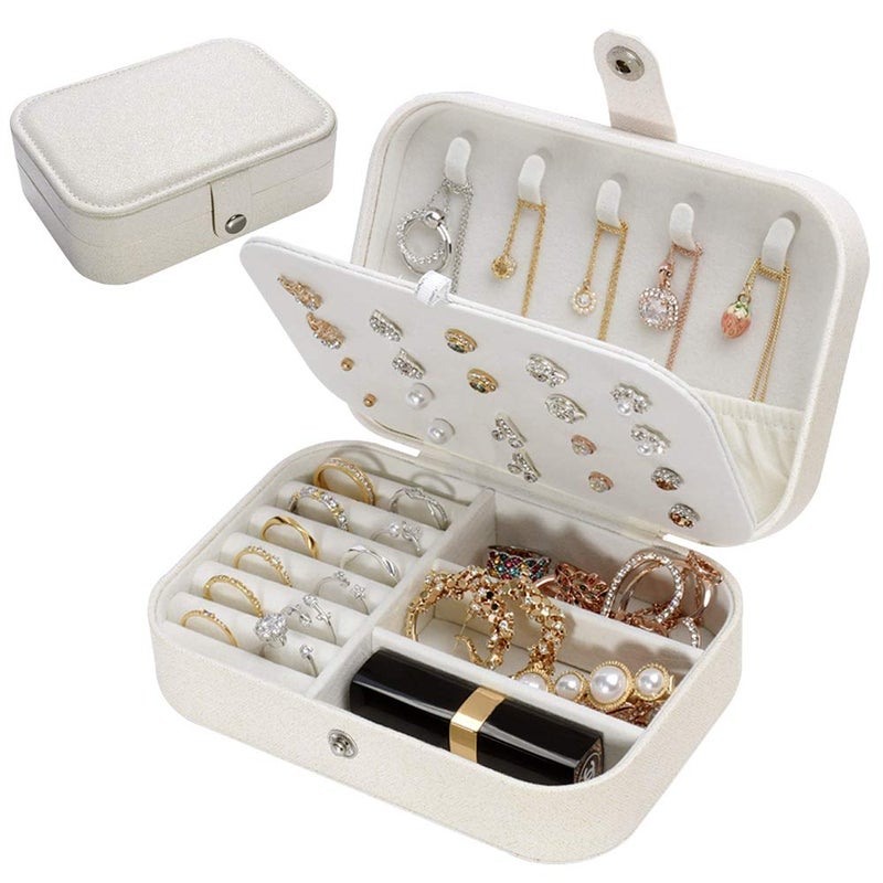 jiemei Jewelry Box, Travel Jewelry Organizer Cases with Doubel Layer for Womenâ€™s Necklace Earrings Rings and Travel Accessories(White) - Image 1